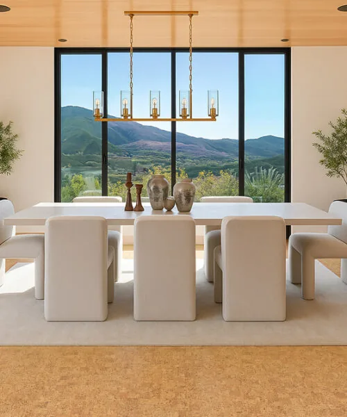 Quadro-B - 7/16” (11mm) - Swiss Real Cork Floating (FQuaB11) Bright dining space with floor-to-ceiling windows and natural Quodro Swiss cork flooring that adds warmth and comfort to a modern minimalist home.