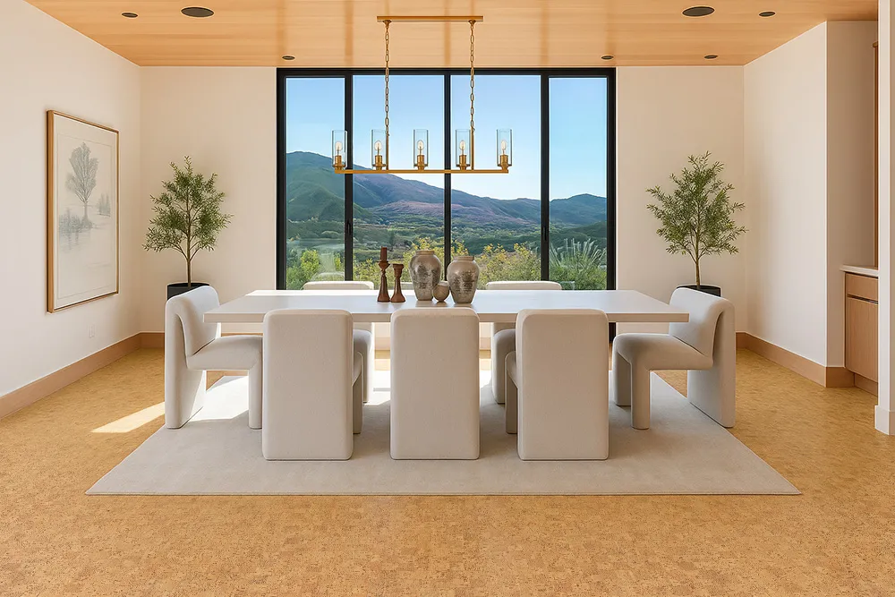 Bright dining space with floor-to-ceiling windows and natural Quodro Swiss cork flooring that adds warmth and comfort to a modern minimalist home.