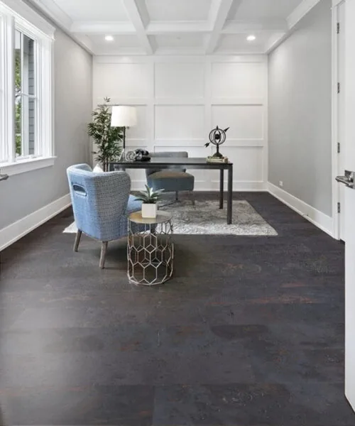 Rainbow Slate Real Stone Flooring – Stylish Home Office with Black Stone Floor and White Panel Walls