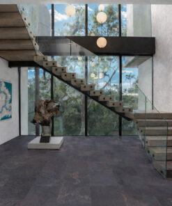 Rainbow Slate Real Stone Flooring – Modern Stair area Entry with Glass Railings and Dark Stone Flooring
