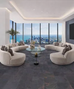 Rainbow Slate Real Stone Flooring – Luxury Ocean View Living Space with Soft Seating and Dark Flooring