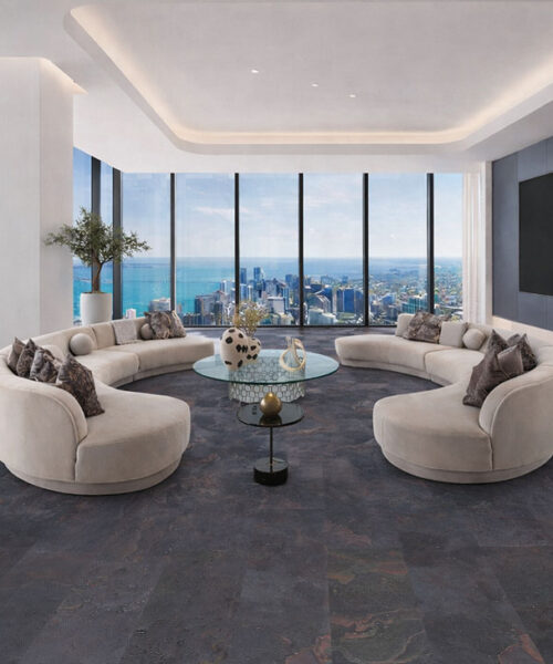 Rainbow Slate Real Stone Flooring – Luxury Ocean View Living Space with Soft Seating and Dark Flooring
