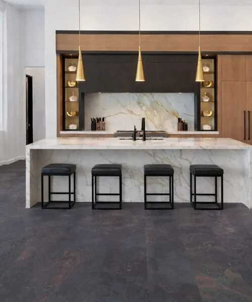 Rainbow Slate Real Stone Flooring – Designer Kitchen with Waterfall Marble Island and Pendant Lighting