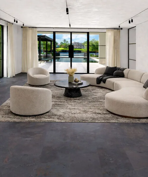 Rainbow Slate Real Stone Flooring – Open Concept Living Area with Indoor-Outdoor Flow