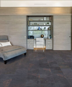Rainbow Slate Real Stone Flooring – Contemporary Bedroom with Lounge Seating and Built-In Desk