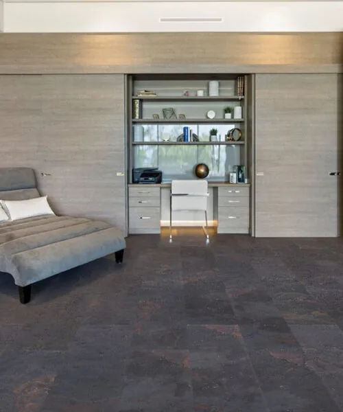 Rainbow Slate Real Stone Flooring – Contemporary Bedroom with Lounge Seating and Built-In Desk