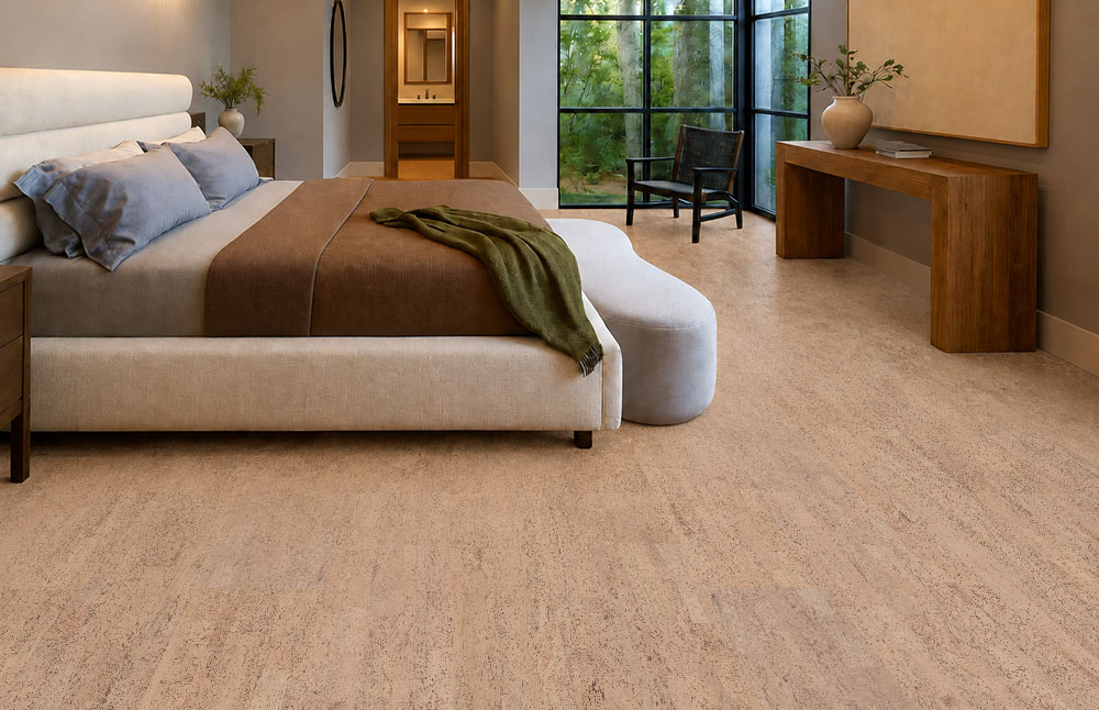 Rhythm – 7/16″ (11mm) – Swiss Real Cork Floating (FRhy11) Rhythm natural cork flooring creates a warm plank layout in a bedroom with garden-facing corner windows.
