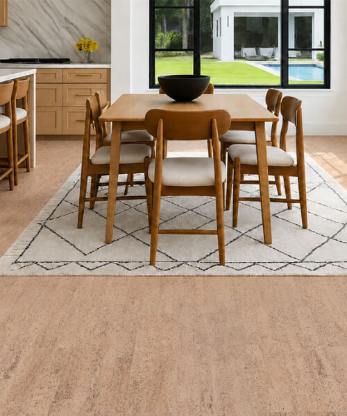 Rhythm – 7/16″ (11mm) – Swiss Real Cork Floating (FRhy11) Rhythm comfortable cork flooring complements a bright kitchen and dining room with coordinated wood furniture.