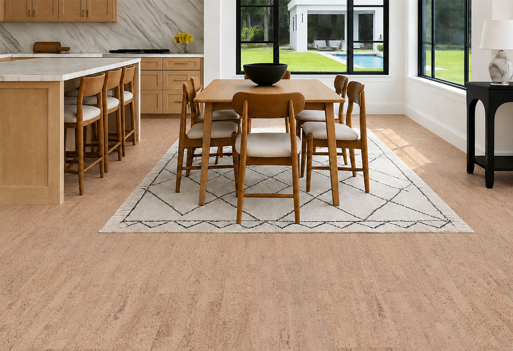 Rhythm – 7/16″ (11mm) – Swiss Real Cork Floating (FRhy11) Rhythm comfortable cork flooring complements a bright kitchen and dining room with coordinated wood furniture.