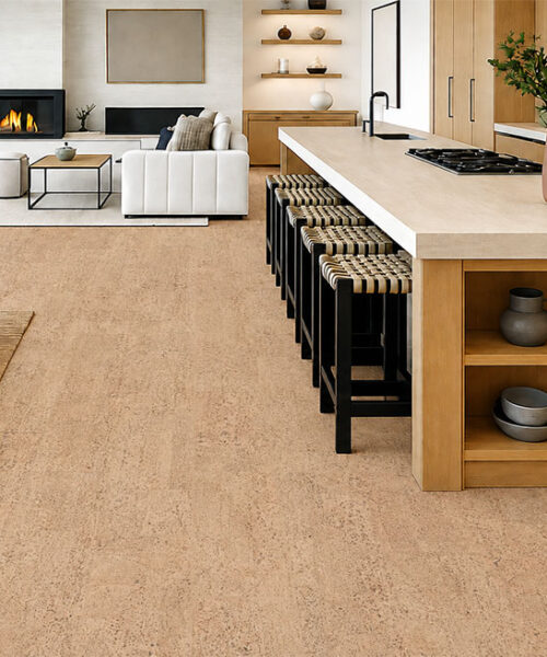 Rhythm – 7/16″ (11mm) – Swiss Real Cork Floating (FRhy11) Rhythm Swiss cork floor planks unify an open kitchen, dining space, and fireside living area.