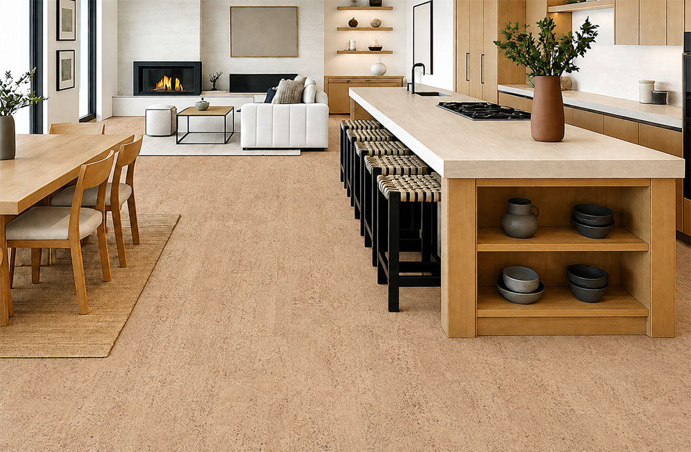 Rhythm – 7/16″ (11mm) – Swiss Real Cork Floating (FRhy11) Rhythm Swiss cork floor planks unify an open kitchen, dining space, and fireside living area.