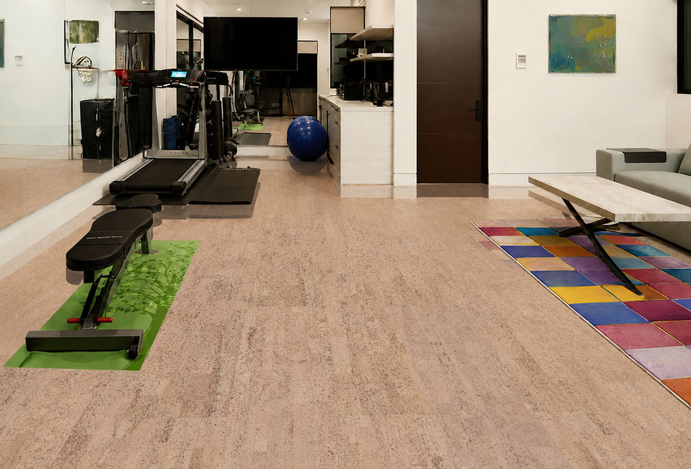 Rhythm – 7/16″ (11mm) – Swiss Real Cork Floating (FRhy11) Rhythm light natural cork flooring features subtle linear grain in a combined fitness room and sitting area.