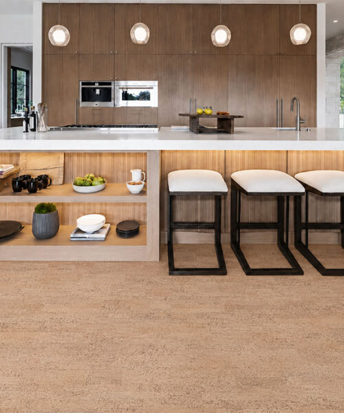 Rhythm – 7/16″ (11mm) – Swiss Real Cork Floating (FRhy11) Rhythm Swiss Real Cork Floating Flooring brightens a contemporary kitchen with wood cabinets and island seating.