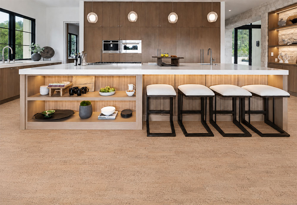 Rhythm – 7/16″ (11mm) – Swiss Real Cork Floating (FRhy11) Rhythm Swiss Real Cork Floating Flooring brightens a contemporary kitchen with wood cabinets and island seating.