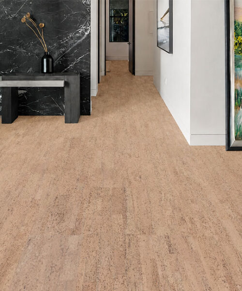 Rhythm – 7/16″ (11mm) – Swiss Real Cork Floating (FRhy11) Rhythm floating cork flooring shows fine natural texture along a modern hallway with marble and artwork.