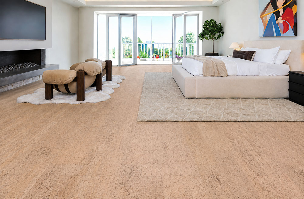 Rhythm – 7/16″ (11mm) – Swiss Real Cork Floating (FRhy11) Rhythm cork flooring for a bedroom displays warm beige planks around a bed and fireplace seating.