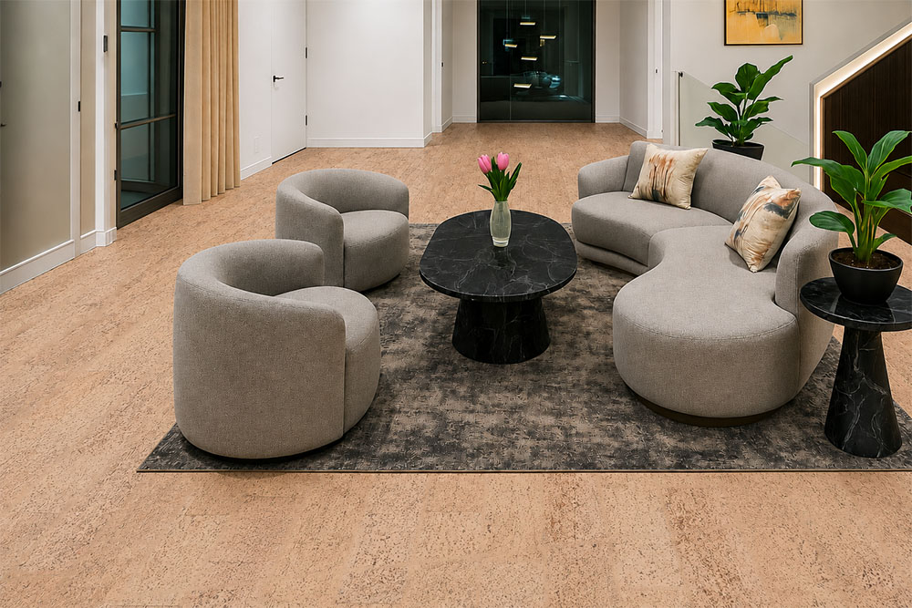 Rhythm – 7/16″ (11mm) – Swiss Real Cork Floating (FRhy11) Rhythm sustainable cork flooring frames curved lounge chairs and sculptural black tables in a modern living room.