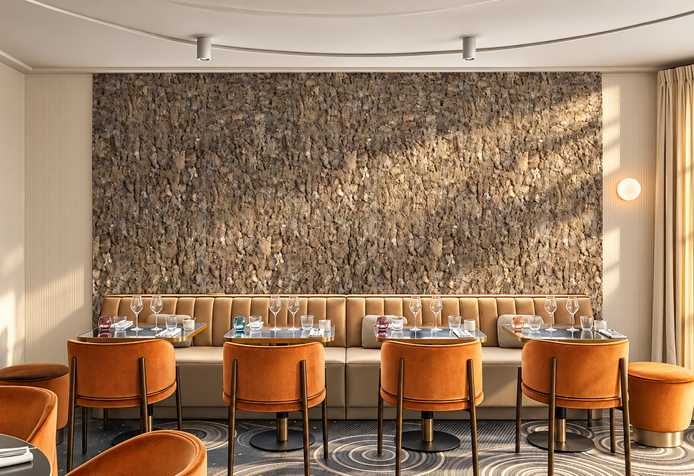 Roccia HDF - 1 7/64"(28mm) - Cork Wall Panels (WRocc28) Roccia 28mm brown 3D cork wall panels with natural bark texture creating a decorative feature wall in an upscale restaurant with orange velvet chairs and booth seating. Copy