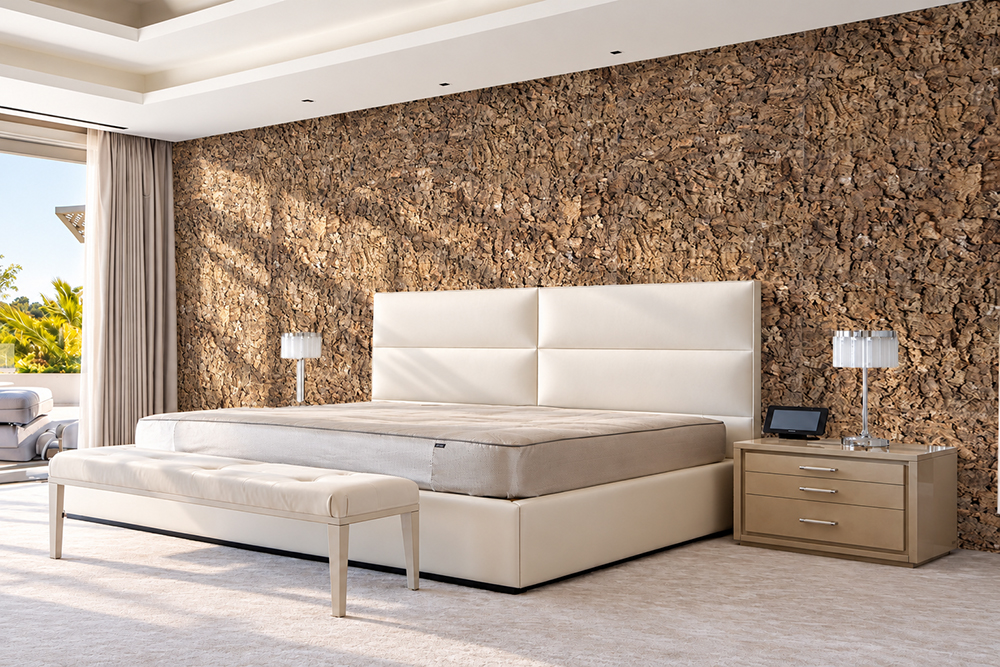 Roccia HDF - 1 7/64"(28mm) - Cork Wall Panels (WRocc28) Roccia 28mm natural brown textured cork wall panels installed as a floor-to-ceiling bedroom accent wall behind a white upholstered bed in a luxury master bedroom. Copy