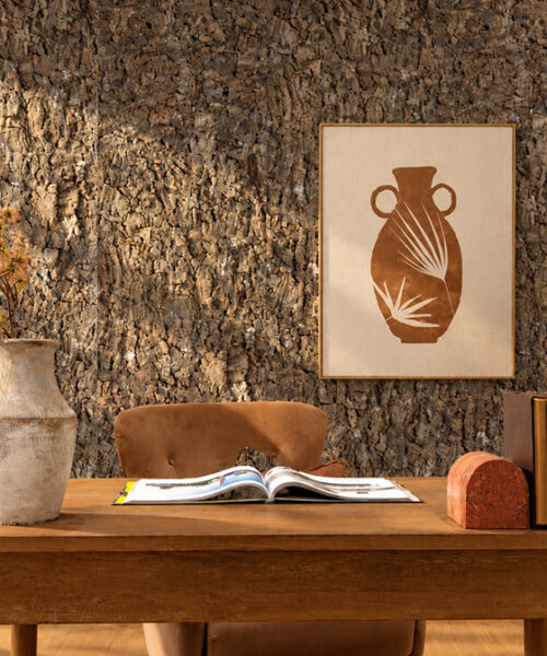 Roccia HDF - 1 7/64"(28mm) - Cork Wall Panels (WRocc28) Roccia 28mm rustic brown cork wall panels featuring deep 3D bark texture behind a wooden desk in a warm modern home office with natural decor. Copy