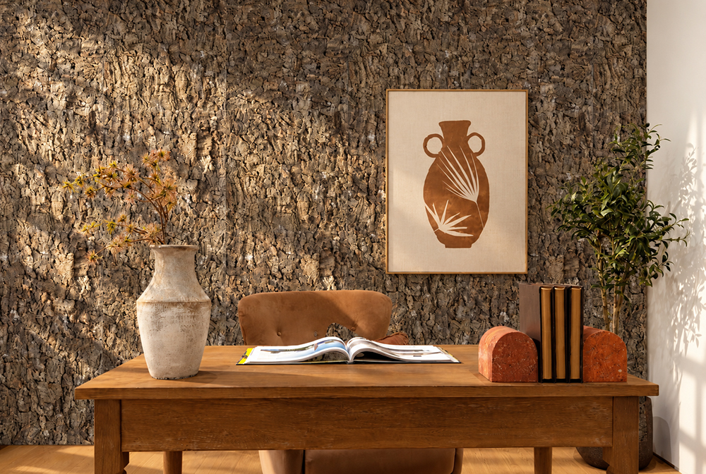 Roccia HDF - 1 7/64"(28mm) - Cork Wall Panels (WRocc28) Roccia 28mm rustic brown cork wall panels featuring deep 3D bark texture behind a wooden desk in a warm modern home office with natural decor. Copy