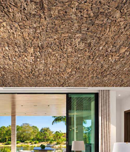 Roccia HDF - 1 7/64"(28mm) - Cork Wall Panels (WRocc28) Roccia 28mm natural cork ceiling panels with rustic brown bark texture creating a dramatic 3D ceiling design in a contemporary luxury interior