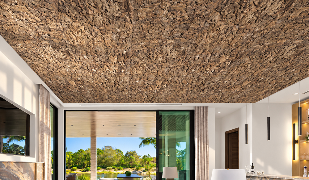 Roccia HDF - 1 7/64"(28mm) - Cork Wall Panels (WRocc28) Roccia 28mm natural cork ceiling panels with rustic brown bark texture creating a dramatic 3D ceiling design in a contemporary luxury interior