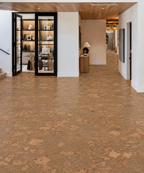 Rococo - 1/2" (12mm) - Cork Floating (FRoco12) Rococo 12mm floating cork flooring with caramel swirls extends through a contemporary foyer and hallway.