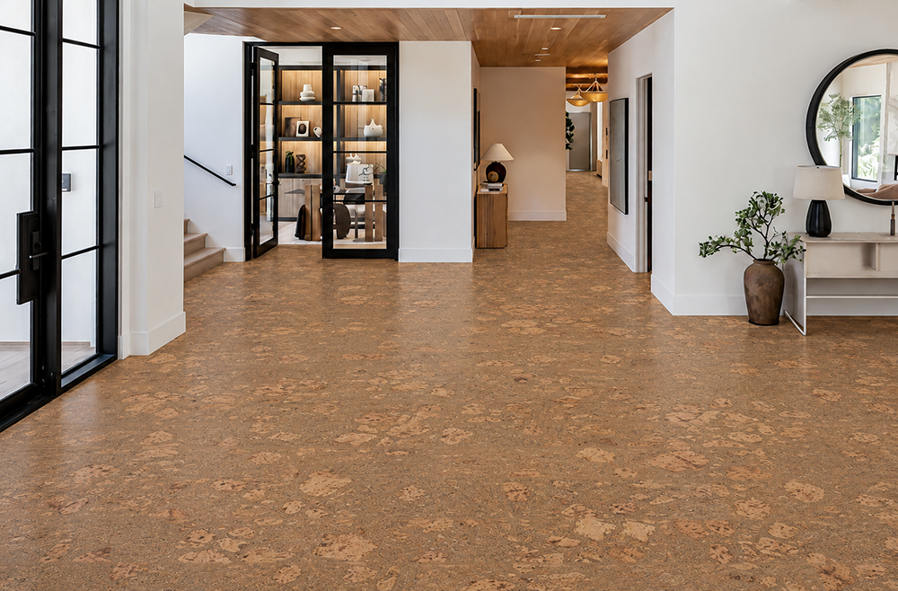 Rococo - 1/2" (12mm) - Cork Floating (FRoco12) Rococo 12mm floating cork flooring with caramel swirls extends through a contemporary foyer and hallway.