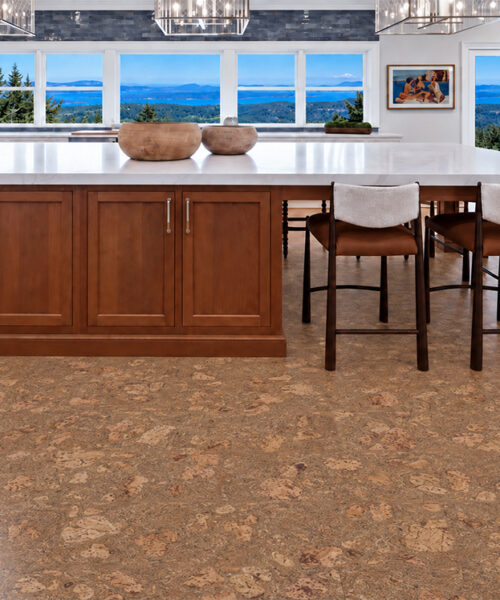 Rococo - 1/2" (12mm) - Cork Floating (FRoco12) Amber-brown Rococo cork flooring with marble-like movement grounds a scenic kitchen with wood cabinetry.
