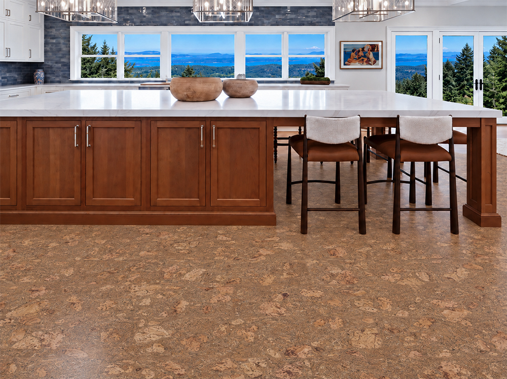 Rococo - 1/2" (12mm) - Cork Floating (FRoco12) Amber-brown Rococo cork flooring with marble-like movement grounds a scenic kitchen with wood cabinetry.