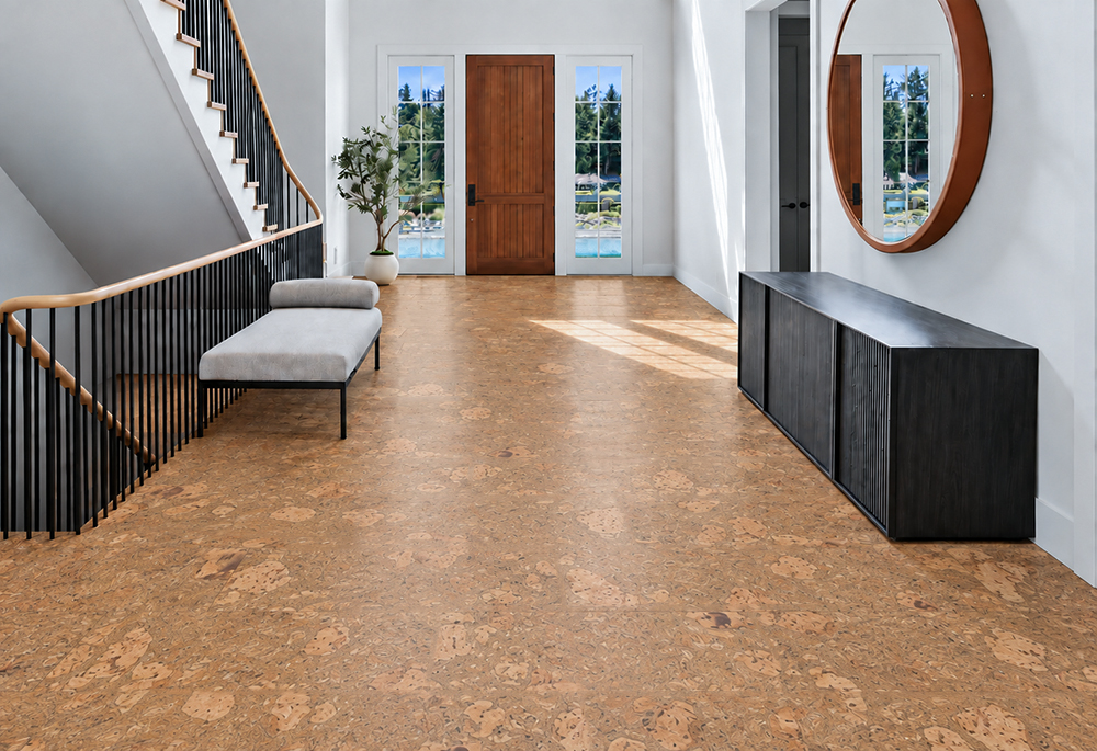 Rococo - 1/2" (12mm) - Cork Floating (FRoco12) Rococo natural cork floor planks cover a sunlit entryway beside black railings and a modern console.