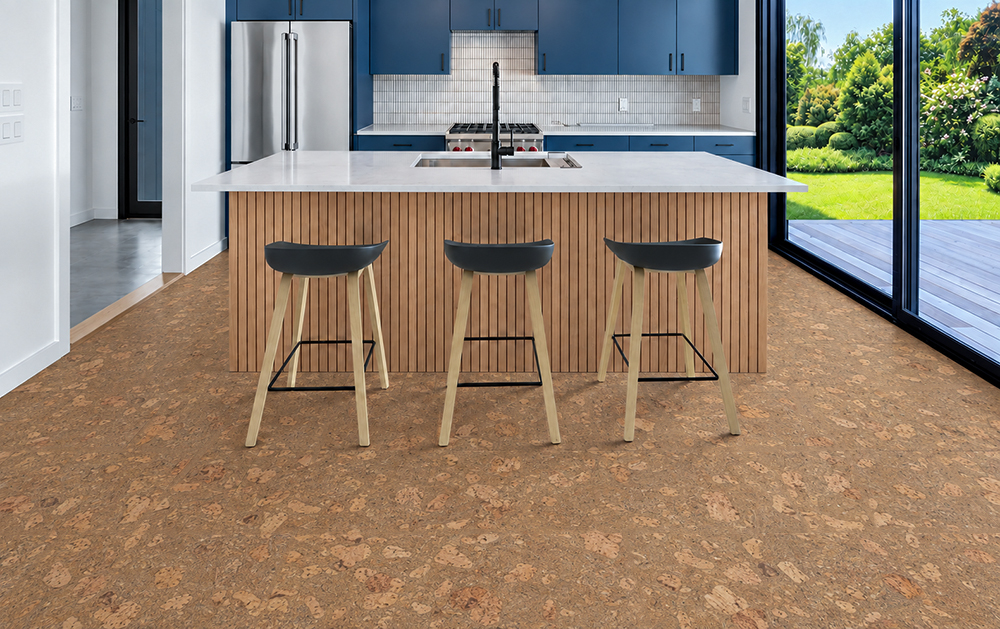 Rococo - 1/2" (12mm) - Cork Floating (FRoco12) Caramel-beige Rococo cork flooring with organic swirls complements blue cabinets and a wood-slat island.