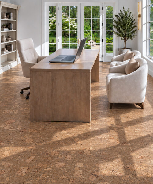 Rococo - 1/2" (12mm) - Cork Floating (FRoco12) Warm amber Rococo cork floor planks brighten a home office with bookshelves and garden windows.