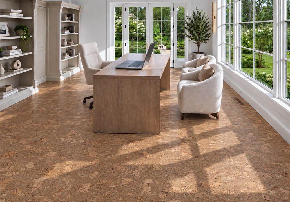 Rococo - 1/2" (12mm) - Cork Floating (FRoco12) Warm amber Rococo cork floor planks brighten a home office with bookshelves and garden windows.