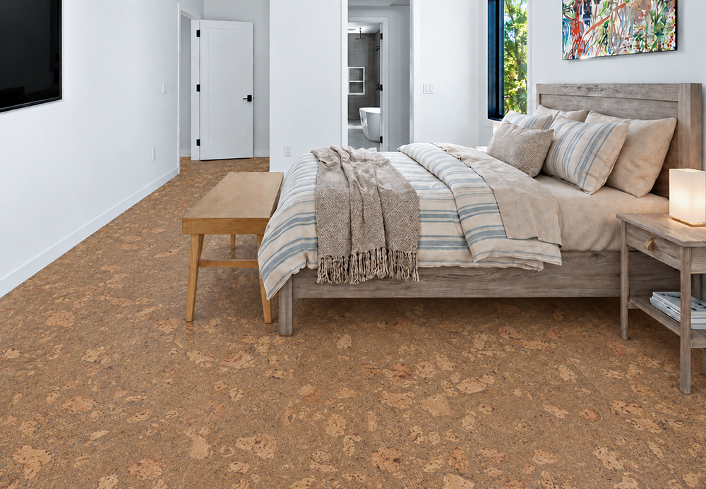 Rococo - 1/2" (12mm) - Cork Floating (FRoco12) Rococo 12mm floating cork flooring with natural amber pattern creates a comfortable contemporary bedroom.
