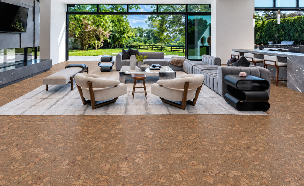 Rococo - 1/2" (12mm) - Cork Floating (FRoco12) Sustainable Rococo cork flooring in warm amber spans an open living room overlooking a green garden.