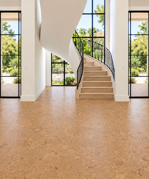Canada's best Cork Flooring, Wall Tiles and Underlayment Gold-oak Salami 12mm cork floor planks fill a sunlit foyer with black-framed doors and curved stairs.