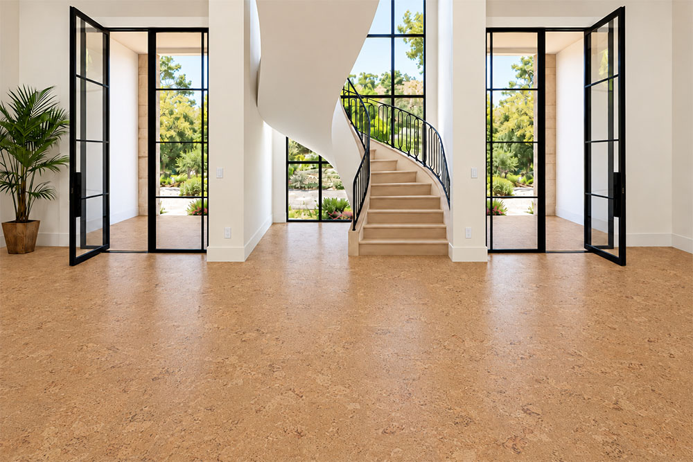Salami - 1/2" (12mm) - Cork Floating (FSal12) Gold-oak Salami 12mm cork floor planks fill a sunlit foyer with black-framed doors and curved stairs.