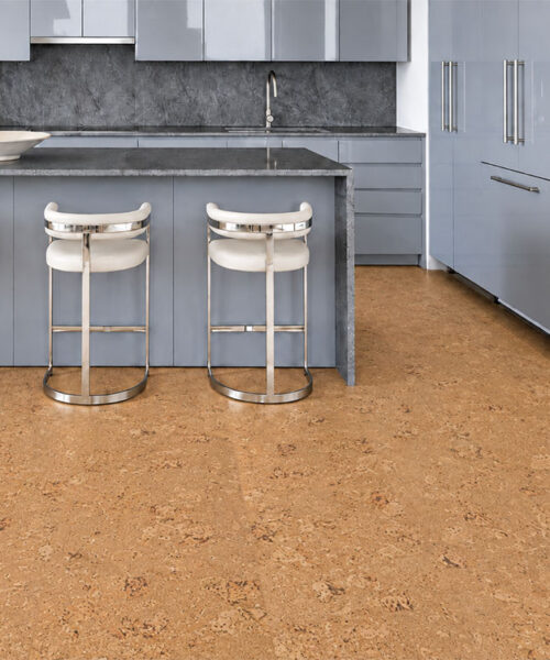 Salami - 1/2" (12mm) - Cork Floating (FSal12) Salami floating cork flooring with chunky golden texture complements gray cabinetry and a dark stone island.