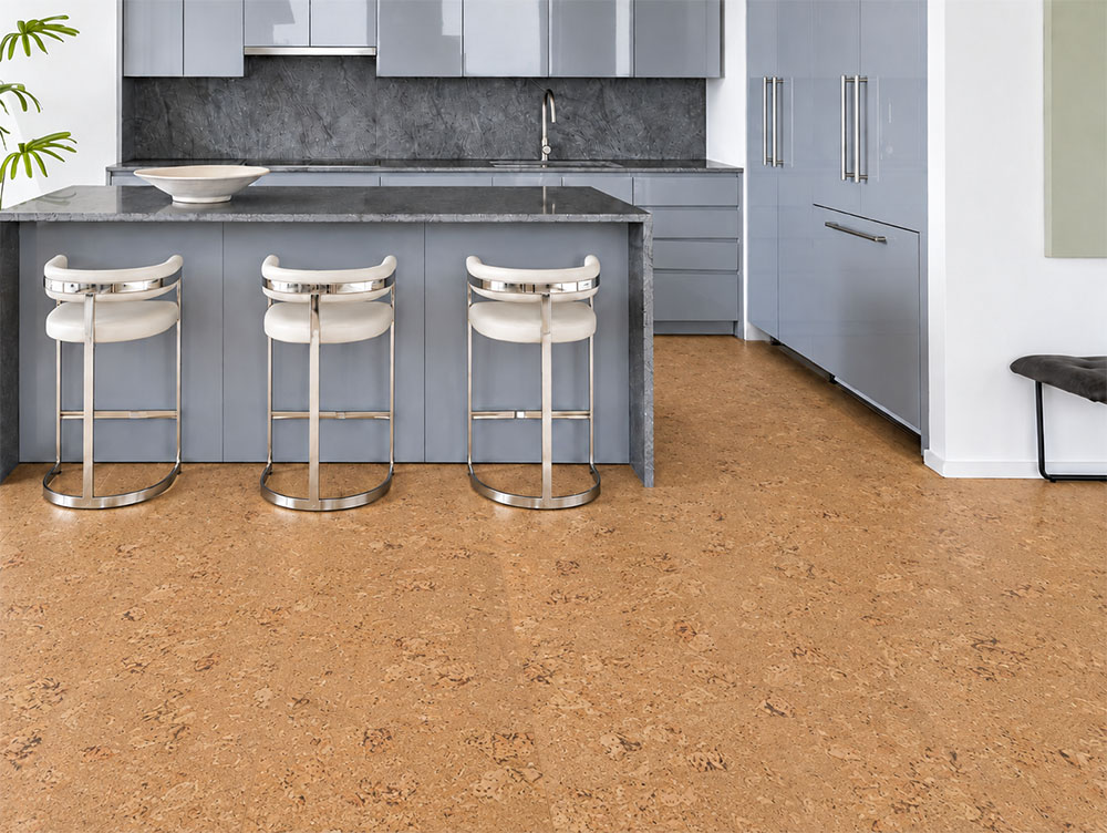 Salami - 1/2" (12mm) - Cork Floating (FSal12) Salami floating cork flooring with chunky golden texture complements gray cabinetry and a dark stone island.