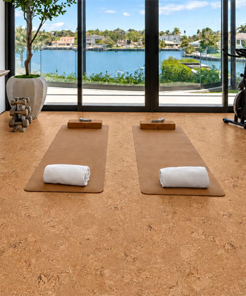 Salami - 1/2" (12mm) - Cork Floating (FSal12) Comfortable Salami cork flooring covers a waterfront exercise room with yoga mats, weights, and stationary bike.