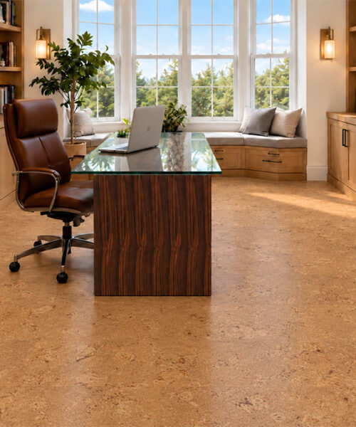 Salami - 1/2" (12mm) - Cork Floating (FSal12) Salami natural cork flooring with chunky texture brightens a home office with glass desk and window seat.