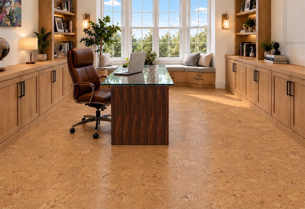 Salami - 1/2" (12mm) - Cork Floating (FSal12) Salami natural cork flooring with chunky texture brightens a home office with glass desk and window seat.