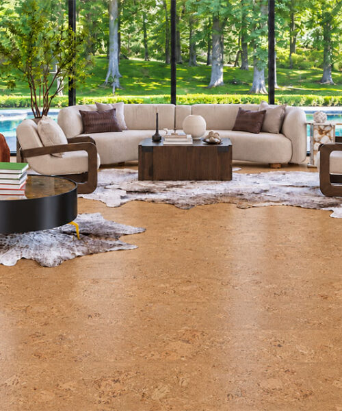 Salami - 1/2" (12mm) - Cork Floating (FSal12) Gold-oak Salami cork floor planks extend through a pool-view living room with fireplace and neutral seating.