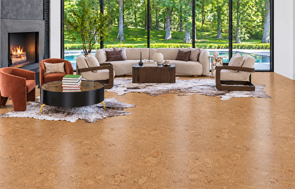 Salami - 1/2" (12mm) - Cork Floating (FSal12) Gold-oak Salami cork floor planks extend through a pool-view living room with fireplace and neutral seating.