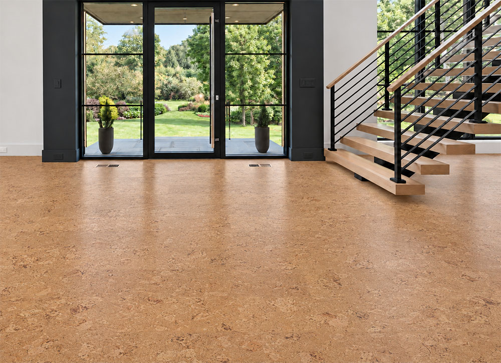 Salami - 1/2" (12mm) - Cork Floating (FSal12) Salami 12mm floating cork flooring covers a garden-facing foyer with glass doors and open wood staircase.