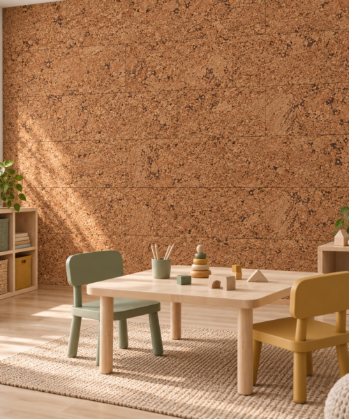 Salami - 1/4" (6mm) - Cork Wall Tile Glue Down (GSal6) Salami glue-down cork tiles in a family craft room — wall application visualization