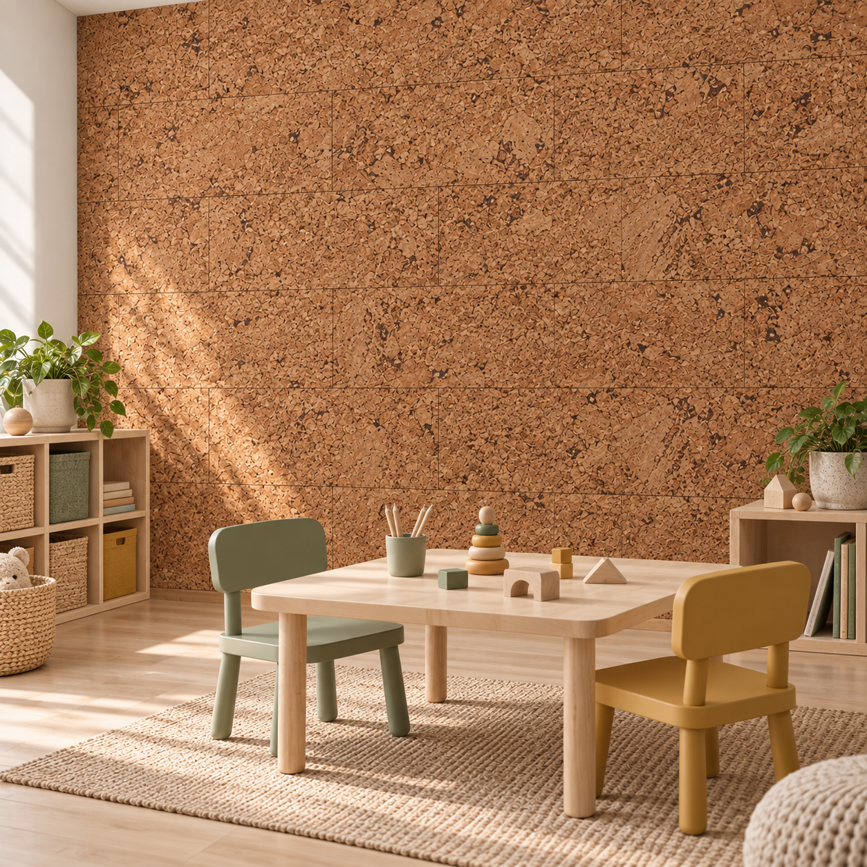 Salami - 1/4" (6mm) - Cork Wall Tile Glue Down (GSal6) Salami glue-down cork tiles in a family craft room — wall application visualization