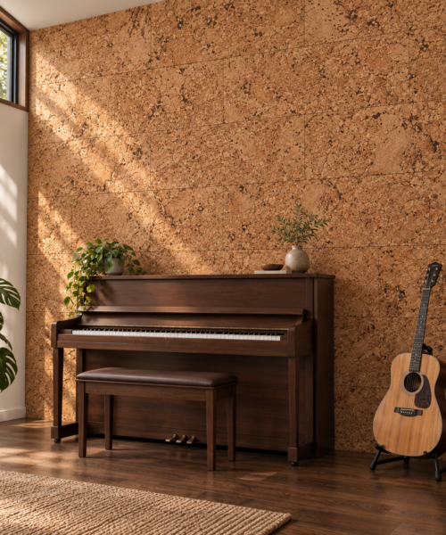 Salami glue-down cork tiles in a home music room — wall application visualization